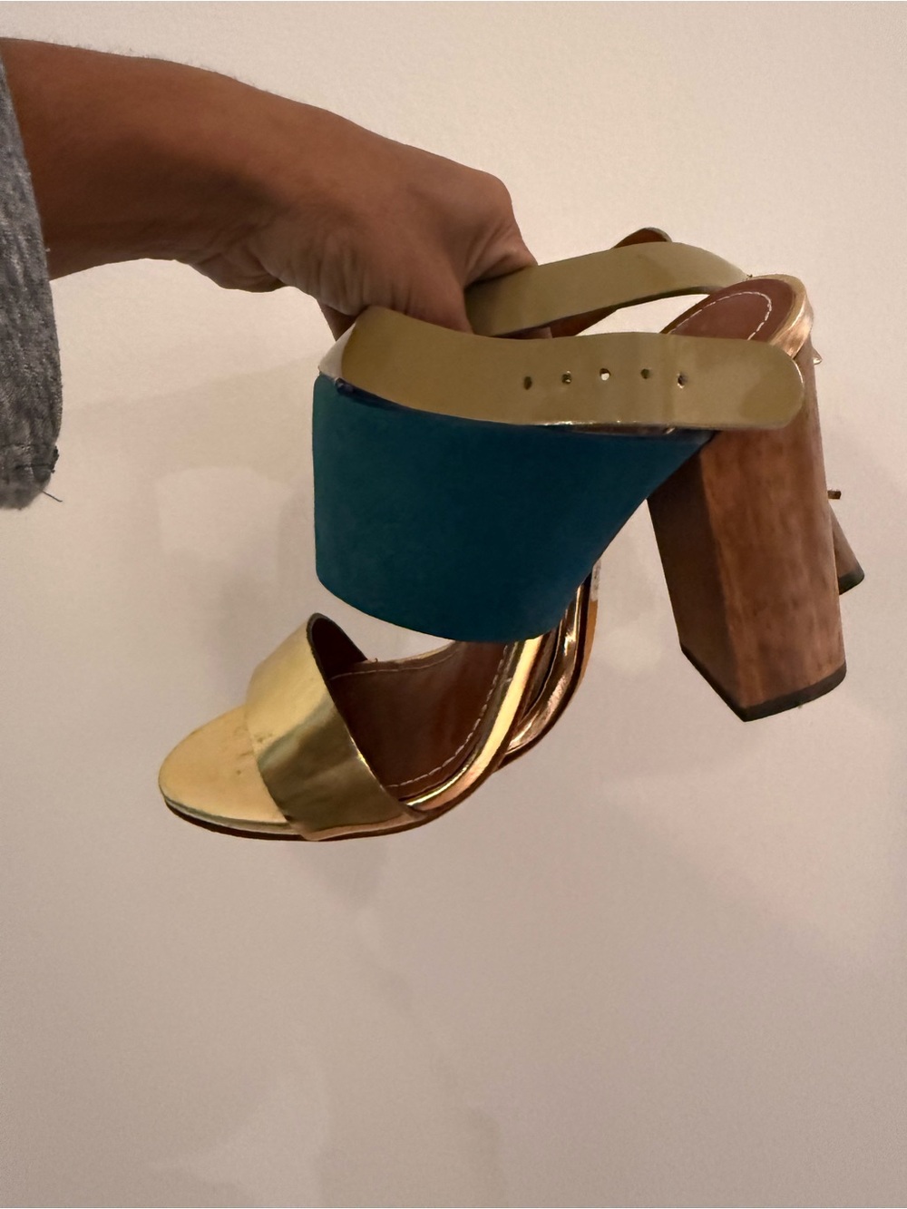 Elizabeth and James Teal and Gold Block Heel Sandals